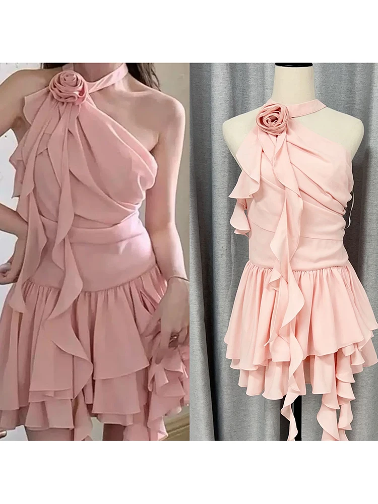 Sólido emendado apliques em camadas bolo mini vestido para mulher halter flor decoração sem mangas cintura alta temperamento vestido