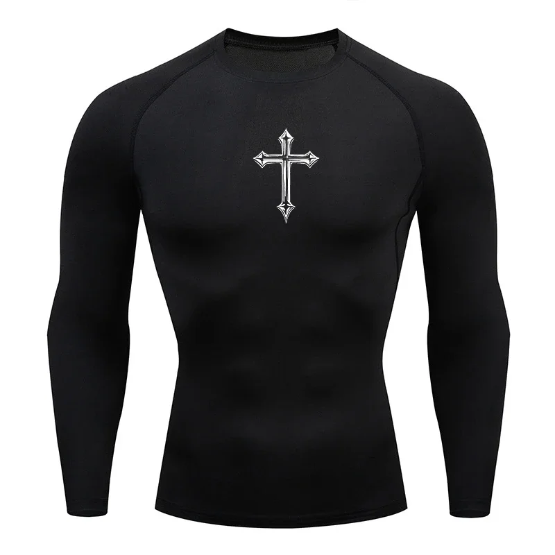 Men's Compression Crucifix Printed T Shirt Autumn Sportswear Running T-shirt Elastic Quick Dry Sport Gym Fitness TShirts Men