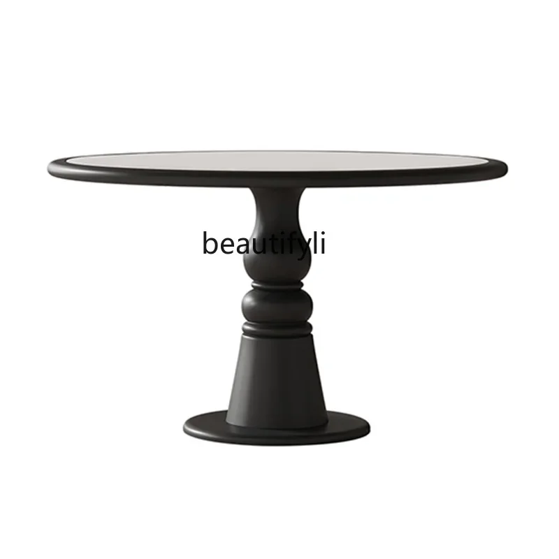 

Retro cream style round dining table household with turntable modern simple black pure white solid wood rock slab round table