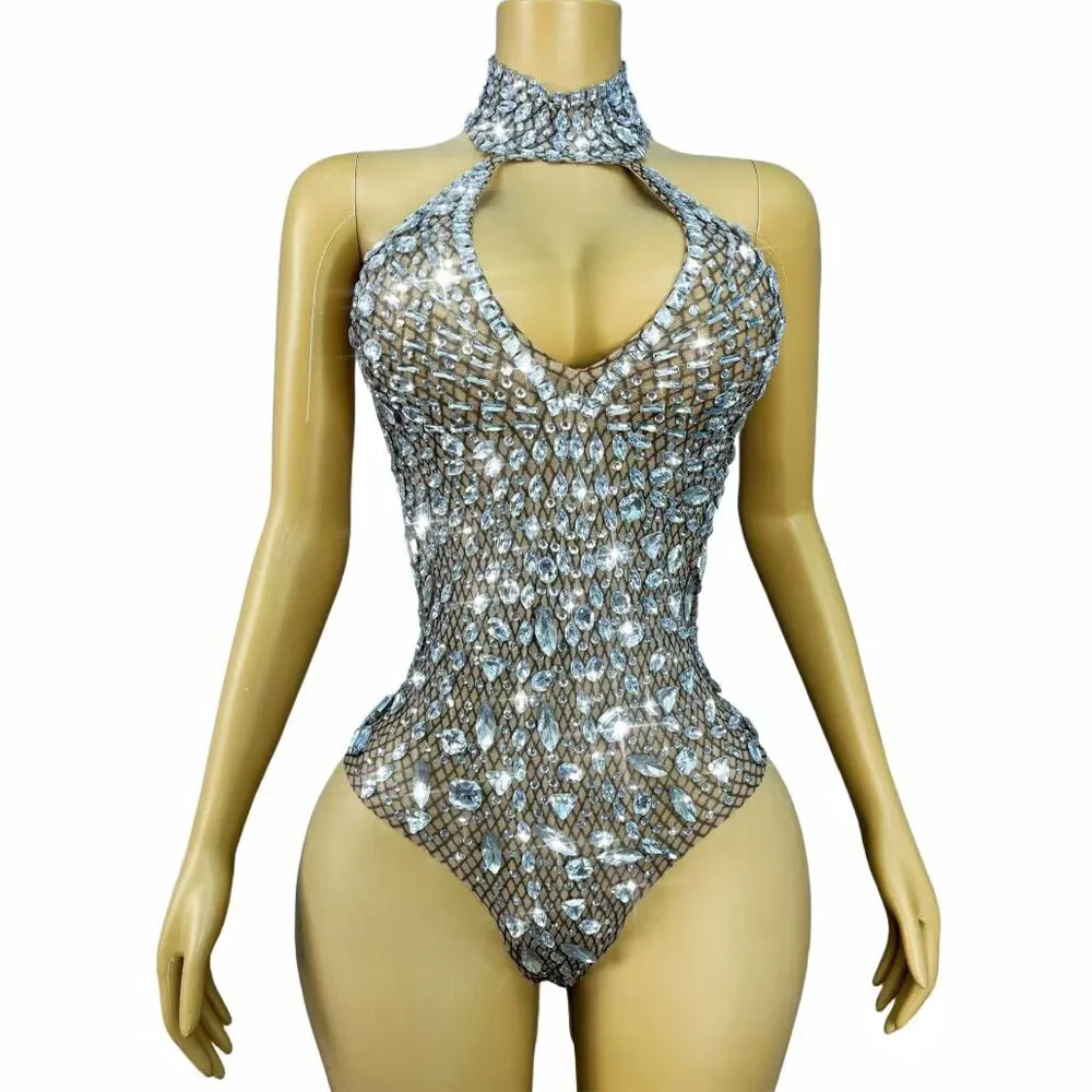 

Sparkly Rhinestones Sexy Hollow out Backless Bodysuit Women Birthday Party Show Outfit Dance Performance Photoshoot Stage Wear