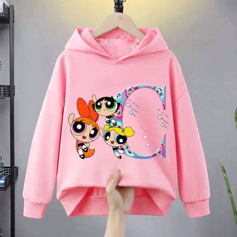 The Powerpuffs Girls Hoodie Children Cartoon Letter A-Z Clothing Fleece Hoody Thick Anime Clothes Kids Sweatshirt Birthday Gift view 4