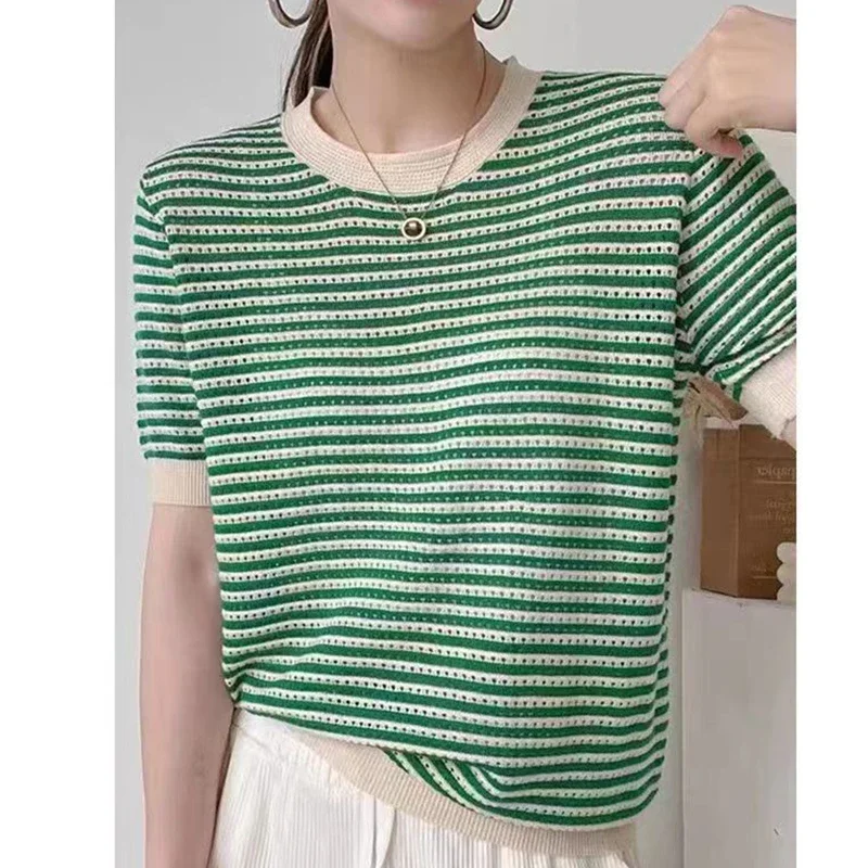 T Shirt For Women Knitted Hollow Out Thin Striped Tshirt Summer Tops Casual Round Neck Tee Shirt Femme T Shirts Womens Clothing