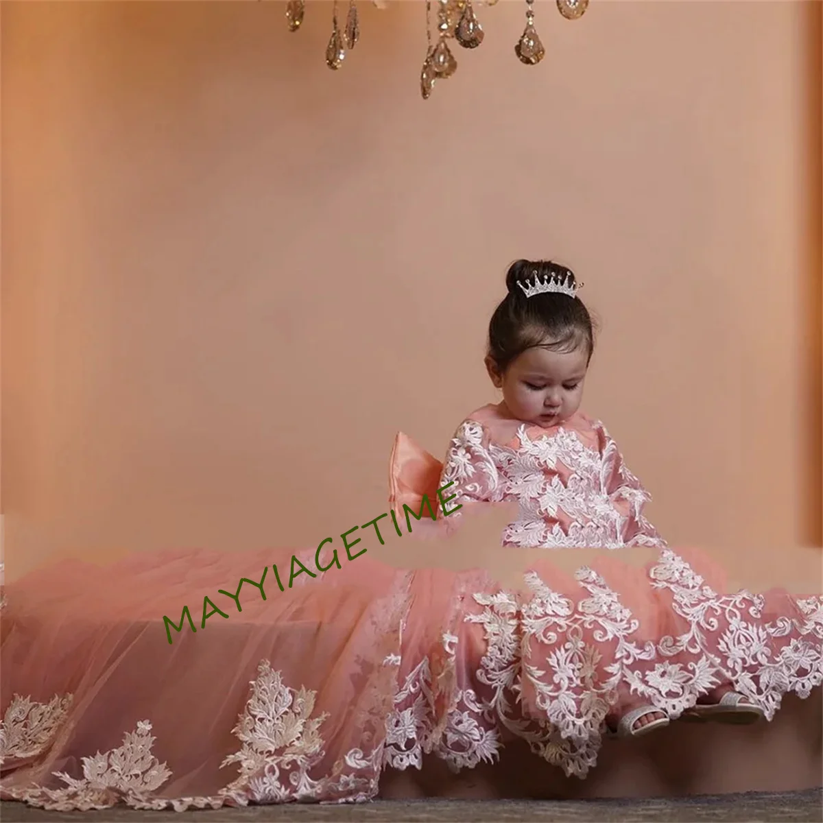 First Communion Fluffy Wedding Flower Girl Dresses Applique Party Dresses Girl Ball Gown Age 2-16 years Sheer Neck Lace