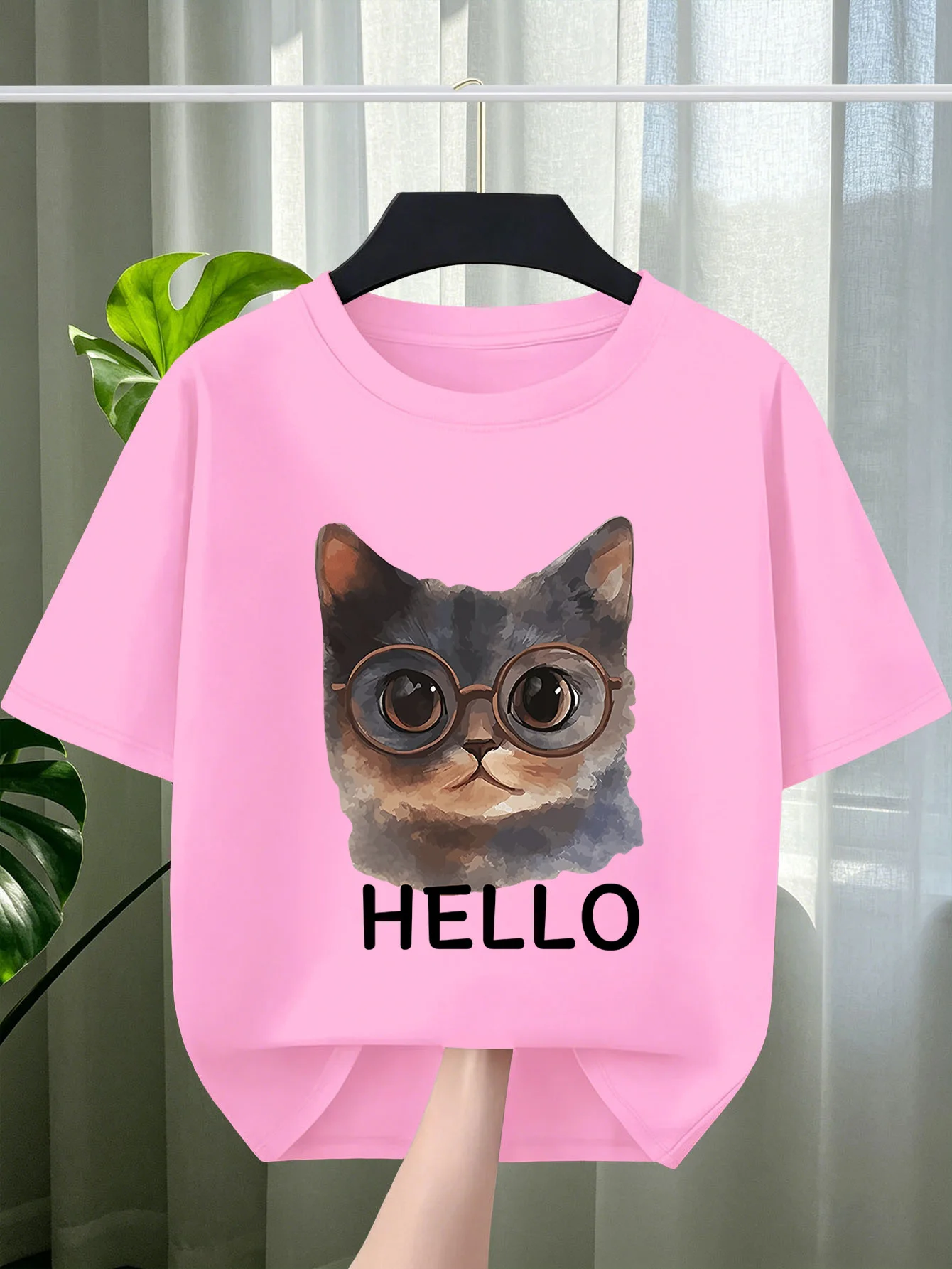 Cute Hello Glasses Cat Portrait Print Graphic Kids Tee Boys Girls Family Matching Cotton Crew Neck Short Sleeve Soft Summer Tee