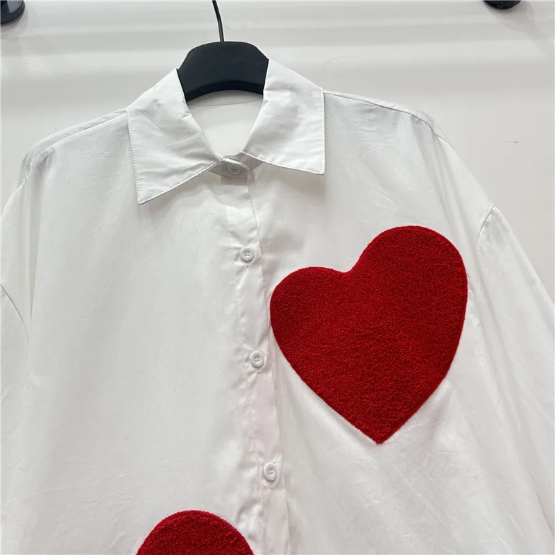 Large Heart Embroidery Casual White Shirts Turn Down Collar Loose Top Spring Summer Single Breasted Fashion Chic Blouse 2025 New