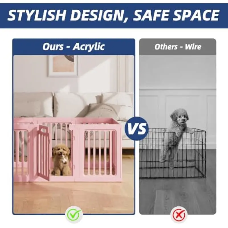 Decorative Indoor Dog Playpen with Elegant Picket Design • 30 Inch Height • Pink Finish • 10 Modular Panels • Breathable Vertica