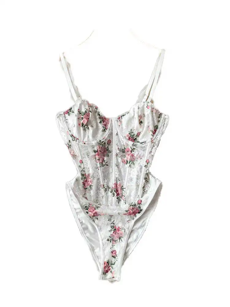 Women's White Skinny Lace Playsuits Vintage V-Neck Overall Flower Print Jumpsuits Elegant Exotic Sexy Rompers Coquette Clothing