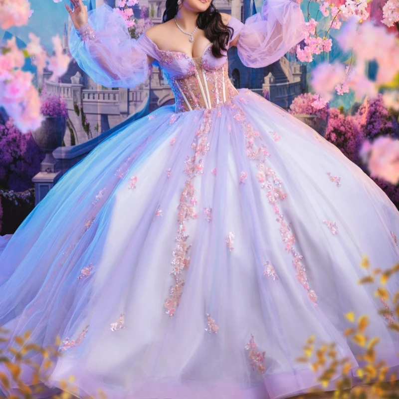 

Светло-лавандовые блестящие платья Quinceanera с открытыми плечами, аппликация, кружевные бусины, тюлевые пышные рукава, вечерние, день рождения, сладкие 16 платьев