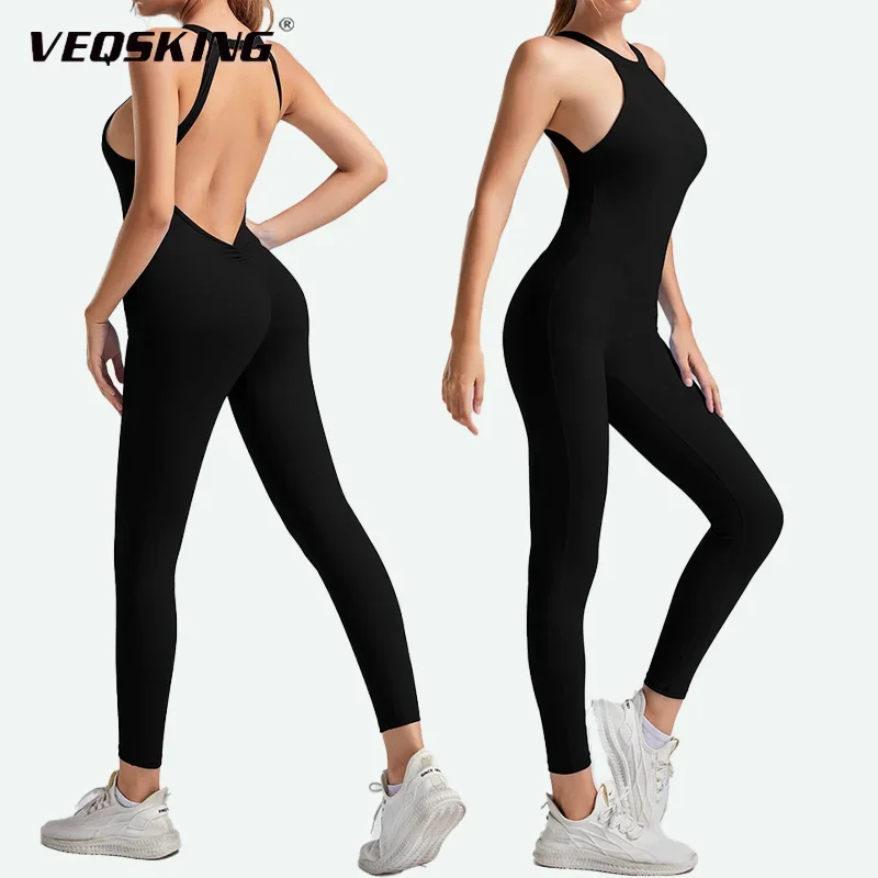 

VEQSKING 2025 Новый цельный костюм для йоги, женский облегающий быстросохнущий костюм персикового цвета для фитнеса с открытой спиной, спортивный комбинезон для бега