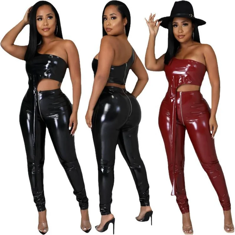 

2022 Fashion One-Shoulder PU Women Jumpsuit Black Red Bar Evening Club Top Sexy Palysuit Pants Stage Costumes Two Pieces Set