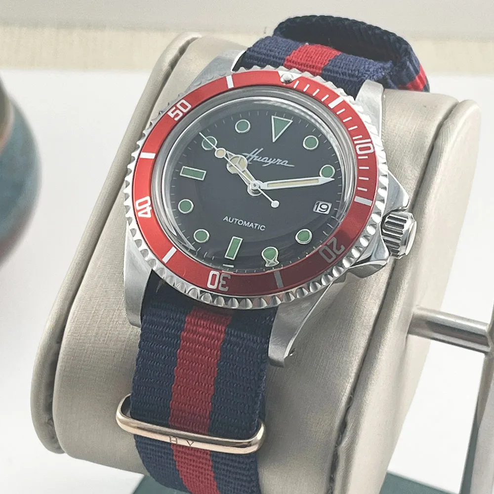 39mm Automatic Mechanical Watch Retro Style Red Border Dome glass Stainless Steel Dive Men's Watch NH35 Movement Nylon Strap