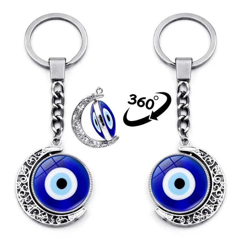 Turkish Evil Eye Keychain Lucky Blue Eye Fatima Hand Charm Trinket Key Chain Crystal Glass Keyring for Men Women Car Key Pendant