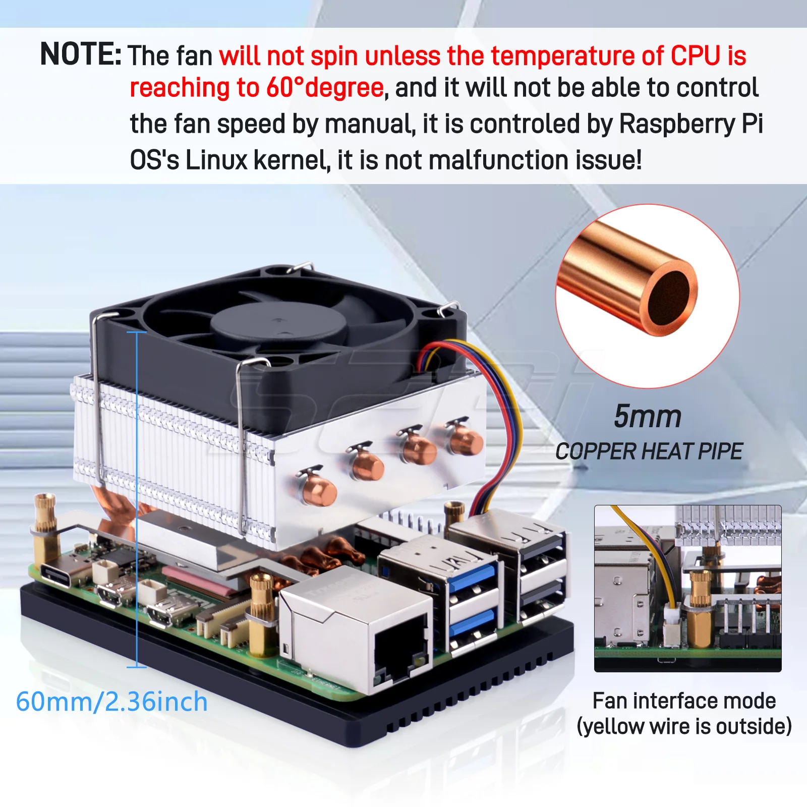 52Pi Low-Profile Plus CPU Cooler for Raspberry Pi 5 CPU Fan