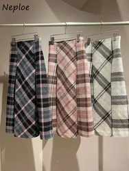 Neploe Harajuku A-line Ruched Plaid Slim Moda Skirt Mid-length Wool Elegant All-match Faldas Japan New Exquisite Mujer Falda