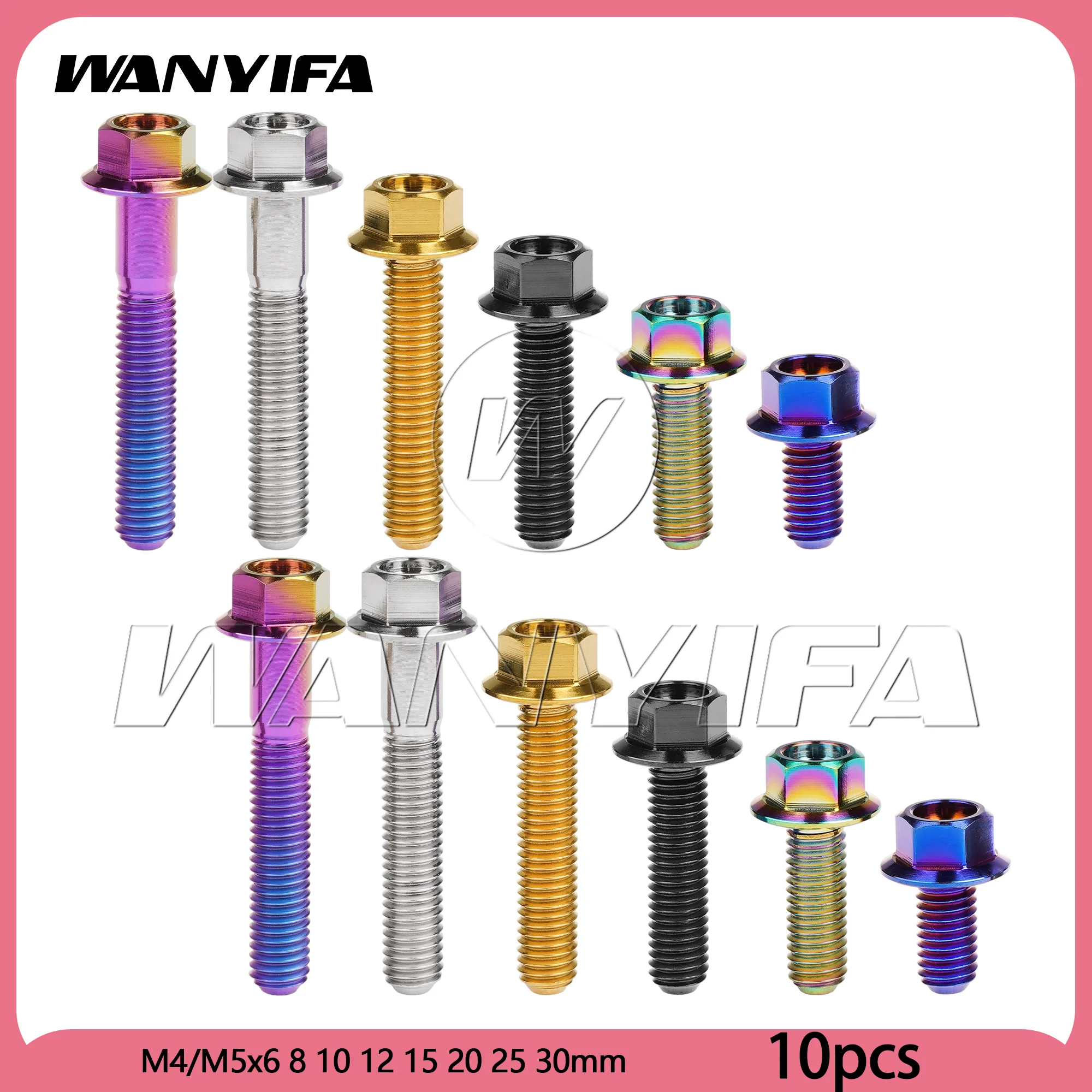 Wanyifa 10pcs Titanium Bolts M4/M5x6 8 10 12 15 20 25 30mm Small Flange Hex Head Screw for  Motorcycle Car  Gr5 Fateners