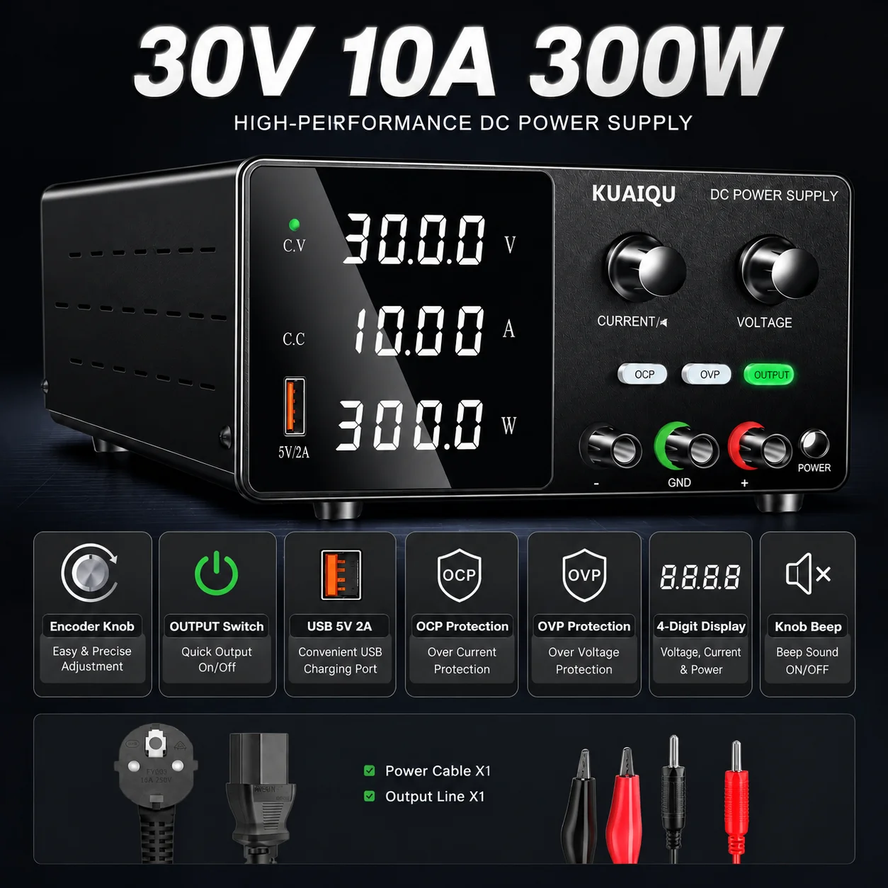 KUAIQU 30V 10A instelbare laboratoriumvoeding, DC 160V 2A 320W, met encoder, OCP- en OVP-beveiliging, USB-uitgang, voor elektronische reparaties.