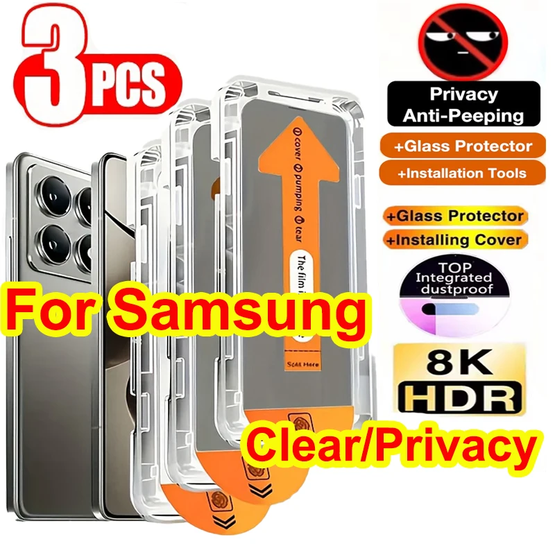 

3Pcs Dust Free Installation HD Privacy Glass For Samsung S25 Ultra S24 S23 S22 Plus FE A56 A36 A55 A16 A26 A54 A52 A53 A15 A35