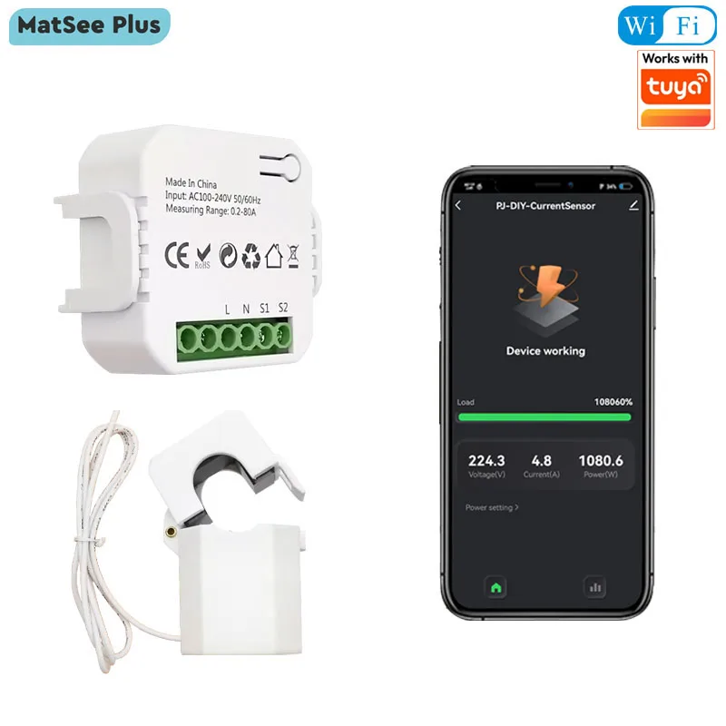 

Smart Life WiFi Digital Energy Meter 80A with Current Transformer Sensor Clamp App Monitor Power DIY 110V 240V 50/60Hz