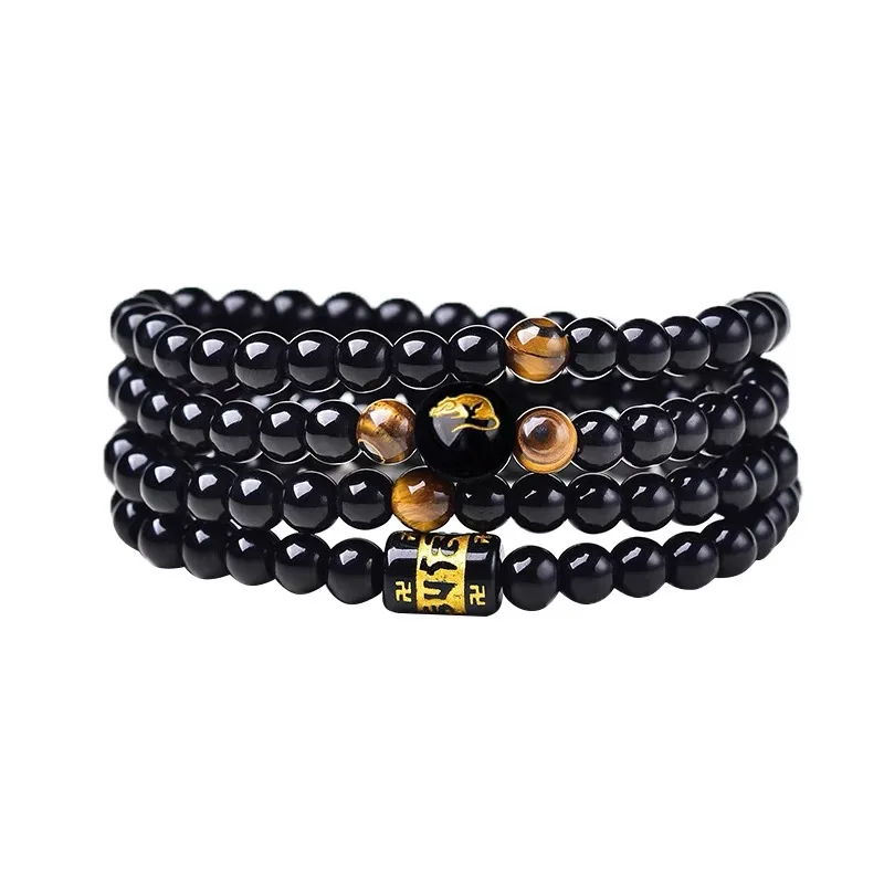 

108 Multi-Circle Bracelet Tiger Eye Stone The Year Of Your Life Obsidian Zodiac Six Words Proverbs Bracelet For Men Women Gift