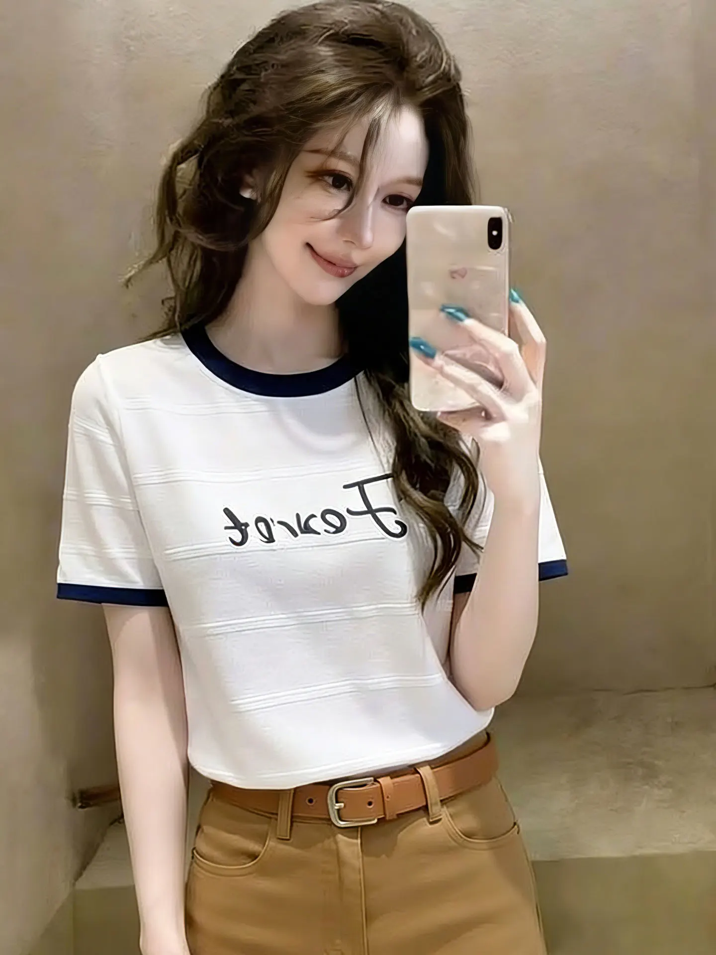 

Ele Color Blo Letter round Ne ort Sve T-irt Casual Sle Women's Top Comfortable Spring Summer Faion Top