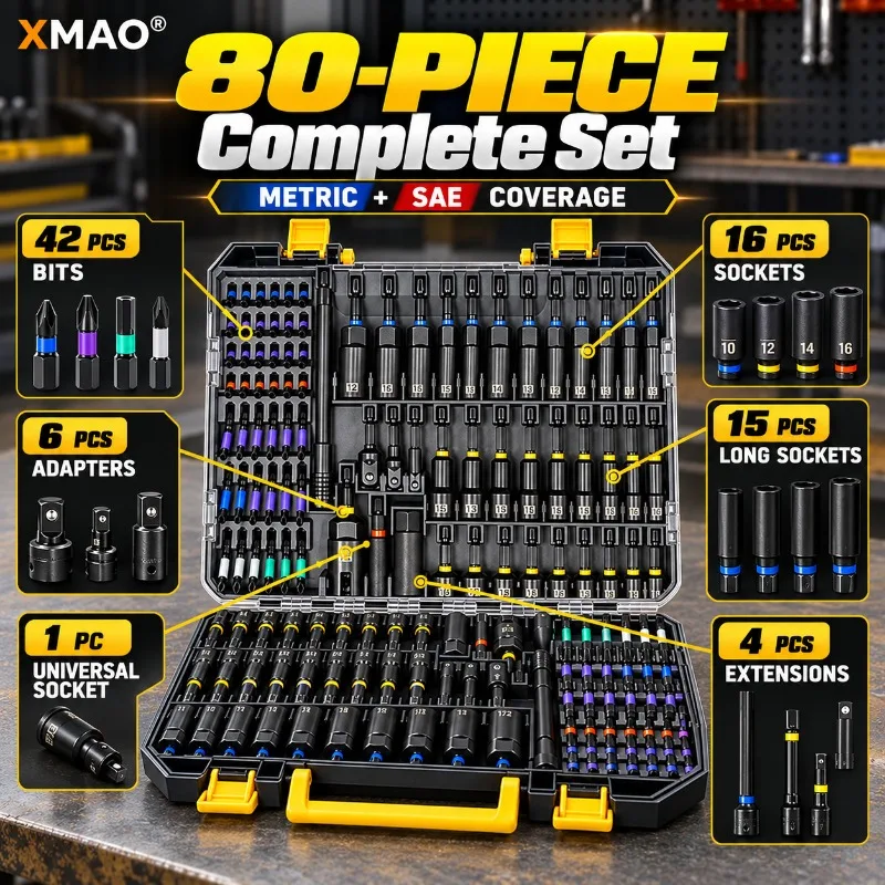 80PCS Metric SAE Impact Socket Bit Set CR-V Nut Drivers S2 Screwdriver Bits 1/4in Hex Adapters for Electric Drill Wrench