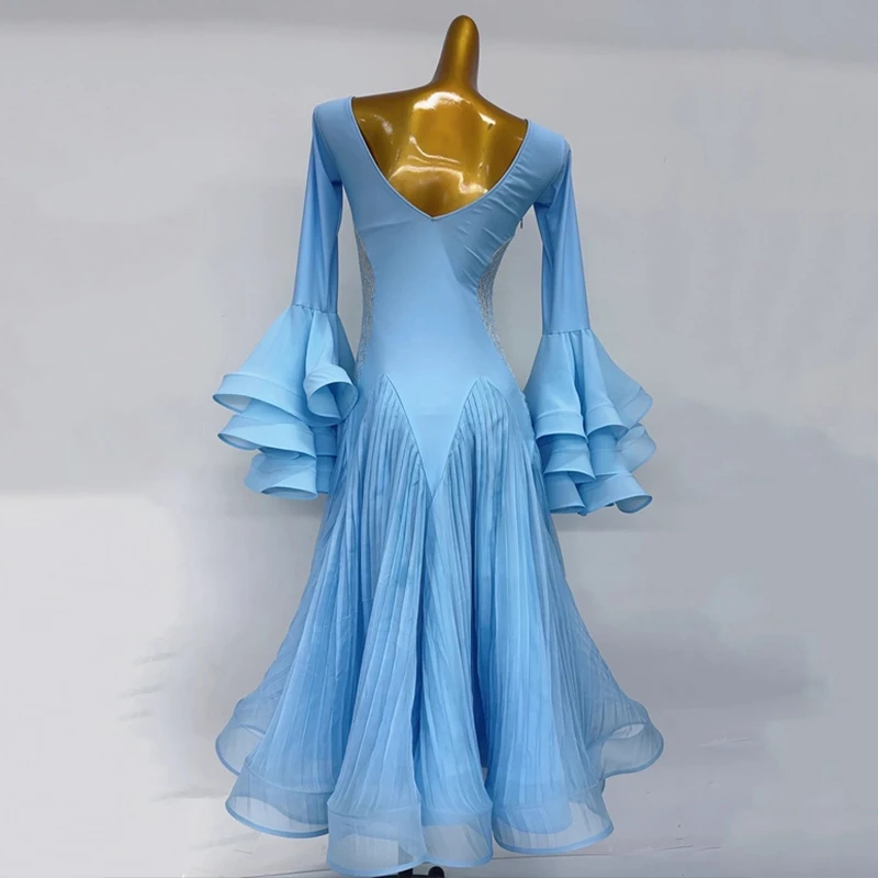 Sukienka balowa damska standardowa do tańca nowoczesnego, strój sceniczny, niebieska suknia balowa do tańca towarzyskiego, sukienki do walca AMY2727