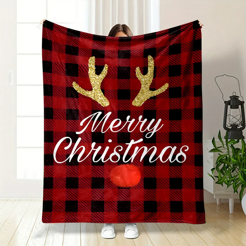 1pc Cozy Reversible Flannel Fleece Throw Blanket - Contemporary Style, Cartoon Reindeer Print, All-Season, Digital Print