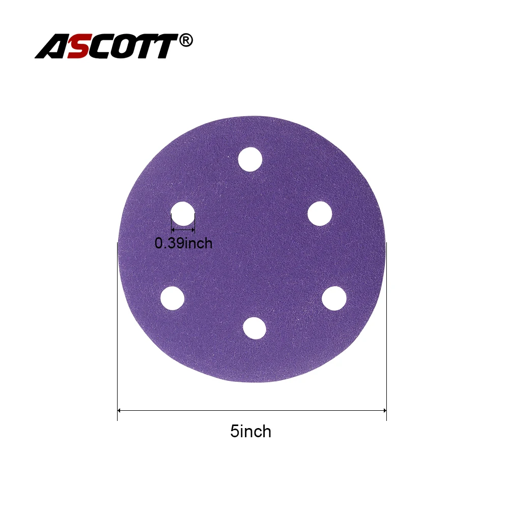 100 Stuks 5Inch 6 Gat Aluminiumoxide Schuurschijf Paars Schuurpapier Haak Lus Keramisch Schuurmiddel Voor Polijsten Slijpen Van Metaalroest