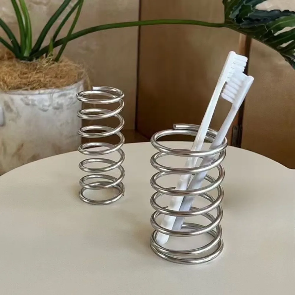 Stainless Steel Spiral Hollow Toothbrush Holder, Suitable for Bathroom/Dressing Table/Desk, Multi-Scene Use, Makeup Brush Holder + Pen Holder Two-In-One Storage Rack