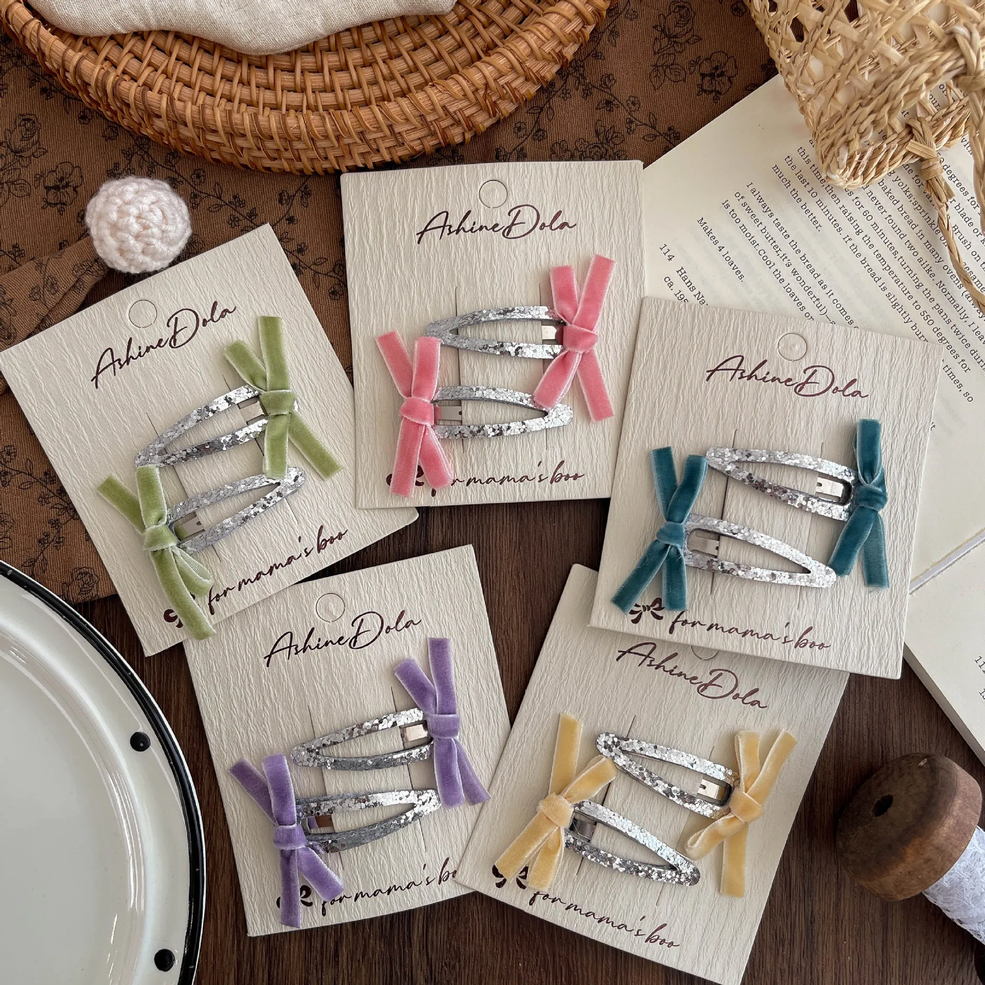 2pcs New Korean Version Fabric Bow Velvet BB Clip Cute Girl Children Hairpin Sparkling Broken Hair Headgear #3