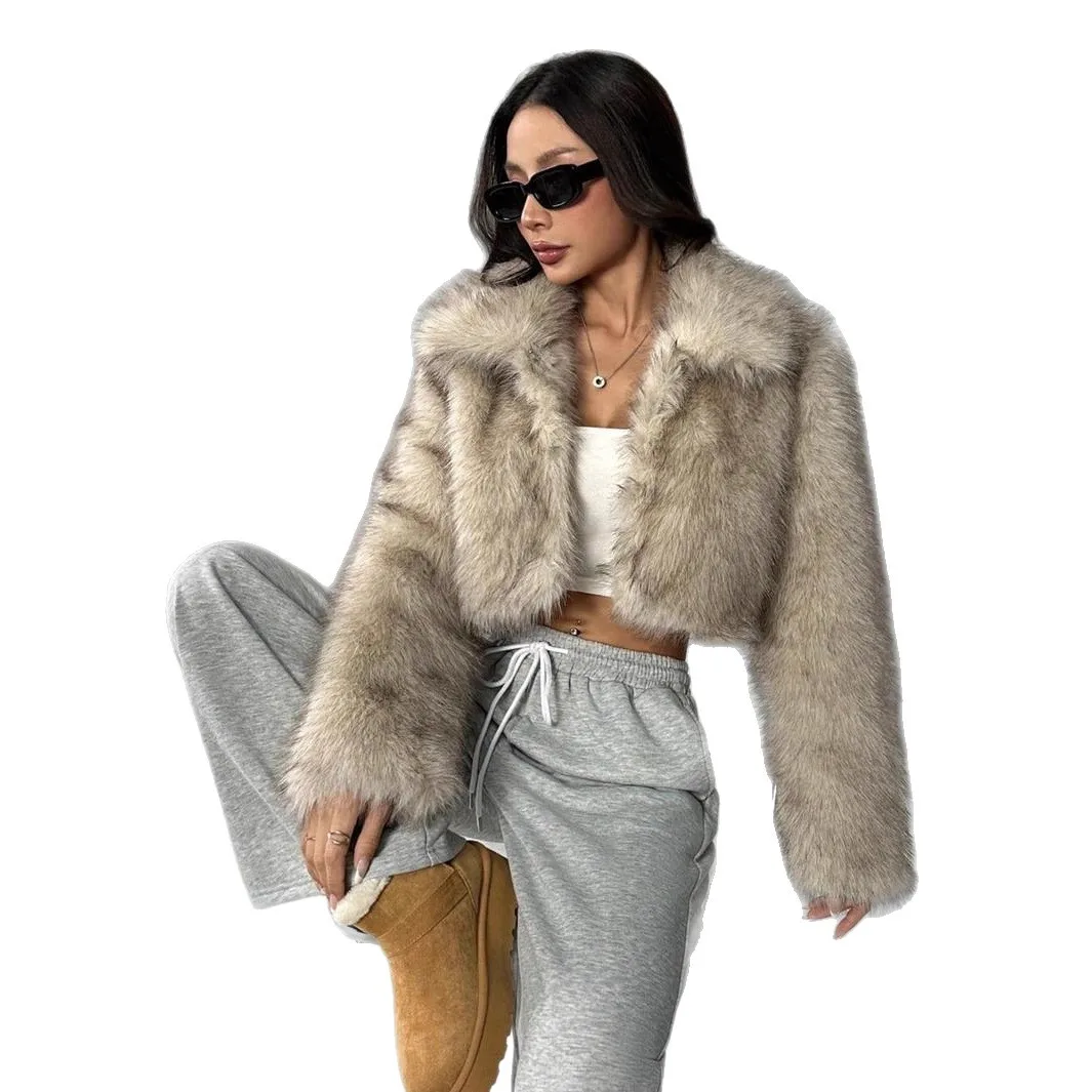 Mantel Bulu Rubah Imitasi Wanita Jaket Pendek Kerah Lipat Lengan Panjang Jahitan Terbuka Tebal Longgar Wanita Kantoran Kasual Musim Dingin 2025