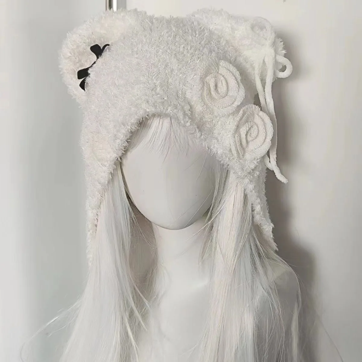 

Women Harajuku Gothic Lolita Flower Bow Bear Ear Beanie Hat Japanese Y2K Girl Winter Warm Knitted Hat