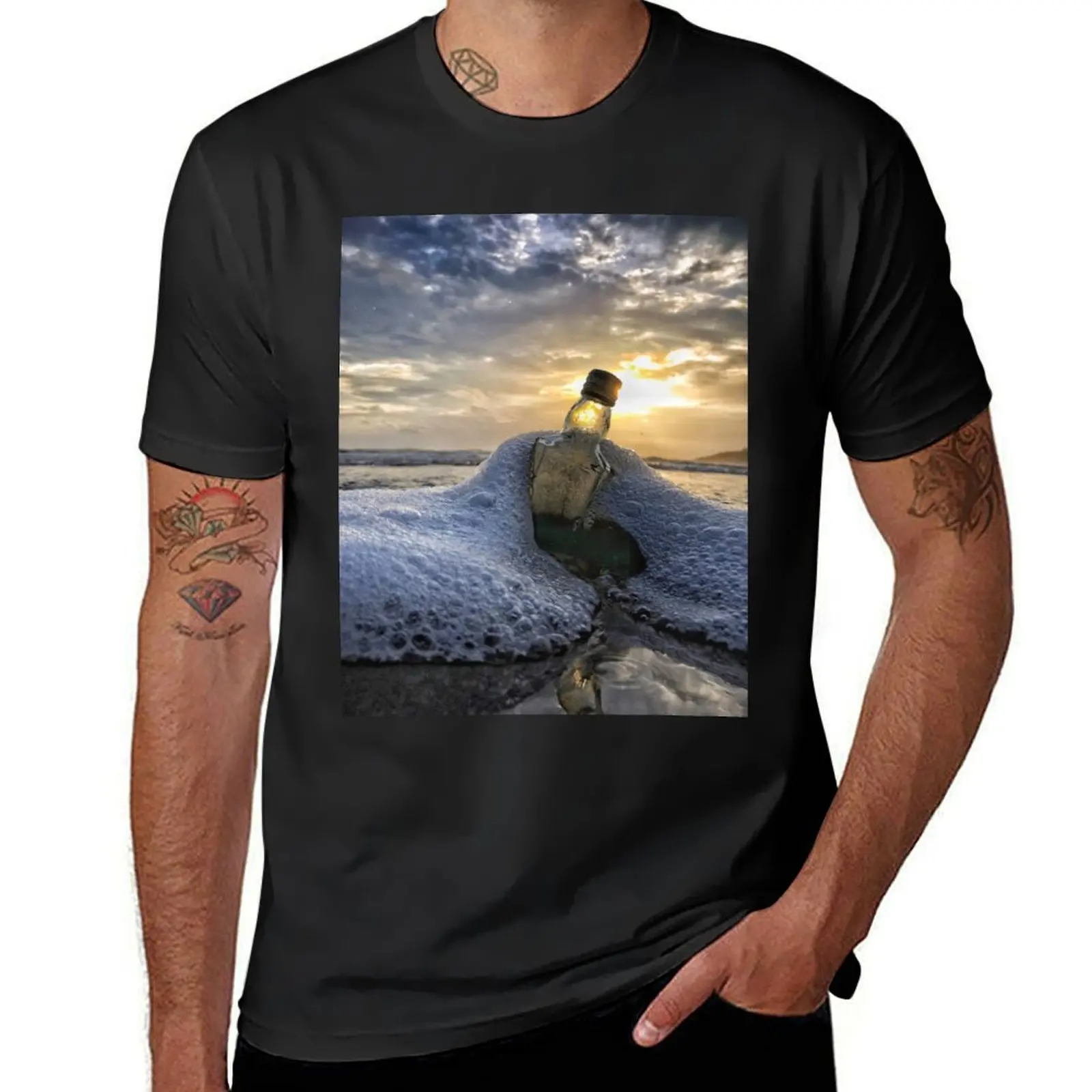 

Bottle on beach T-Shirt summer shirt summer top summer 2025 blanks mens big and tall t shirts