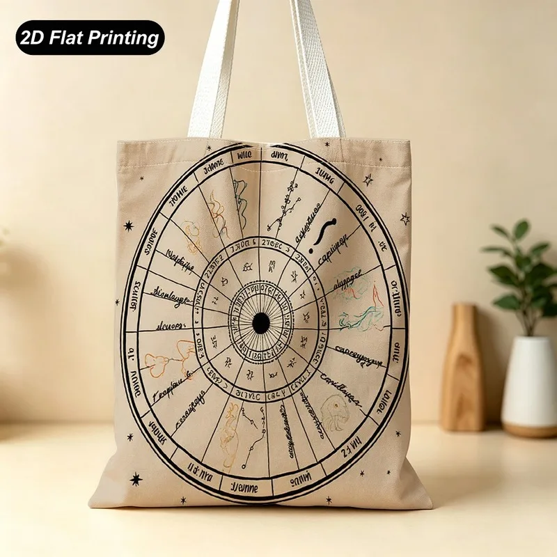 1PC【Tote Bag】2DFlat effect，Vintage Zodiac Sign Printed Tote Bag，Large capacity and lightweight，Adapted shopping、Supermarket