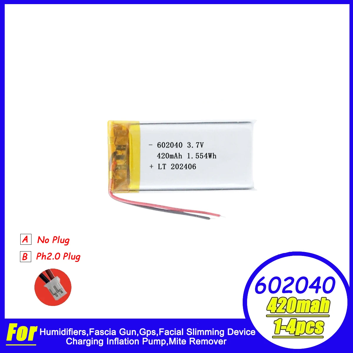 602040 Polymer Lithium Battery 420mAh 3.7V Rechargeable Lipo Battery For GPS Facial Slimming Device Inflation Pump Mite Remover