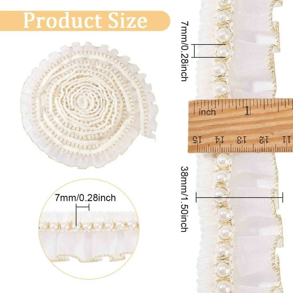 4 Yards Ruffle Trim Ribbon 1.50 inch Wide White Pearl Lace Trim with Gold Edge Organza Ruffles Lace Ribbon Pleated Tulle