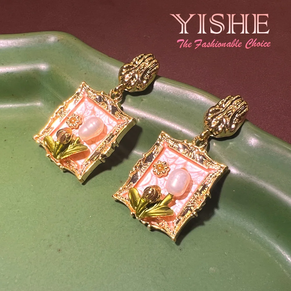 Oil painting earrings French square real gold plated niche natural freshwater pearls vintage baroque enamel color earrings