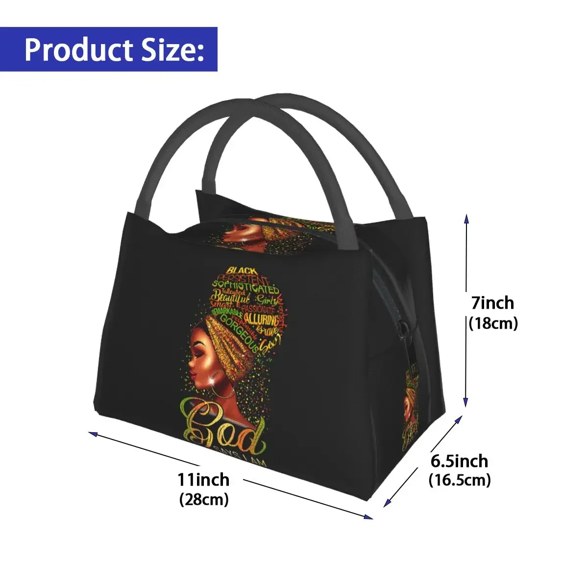 African American Girl Lunch Bag For Child Black Queen Lunch Box Funny Travel Cooler Bag Portable Zipper Thermal Tote Handbags