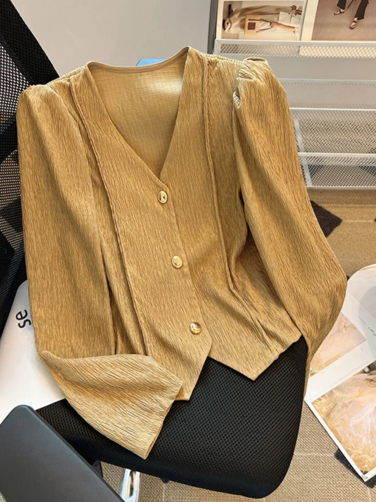 

V-Ne Bubble Sve Open Cardigan ort Sle Women's irt Slimming Versatile Long Sve Autumn 2025 Faion Design