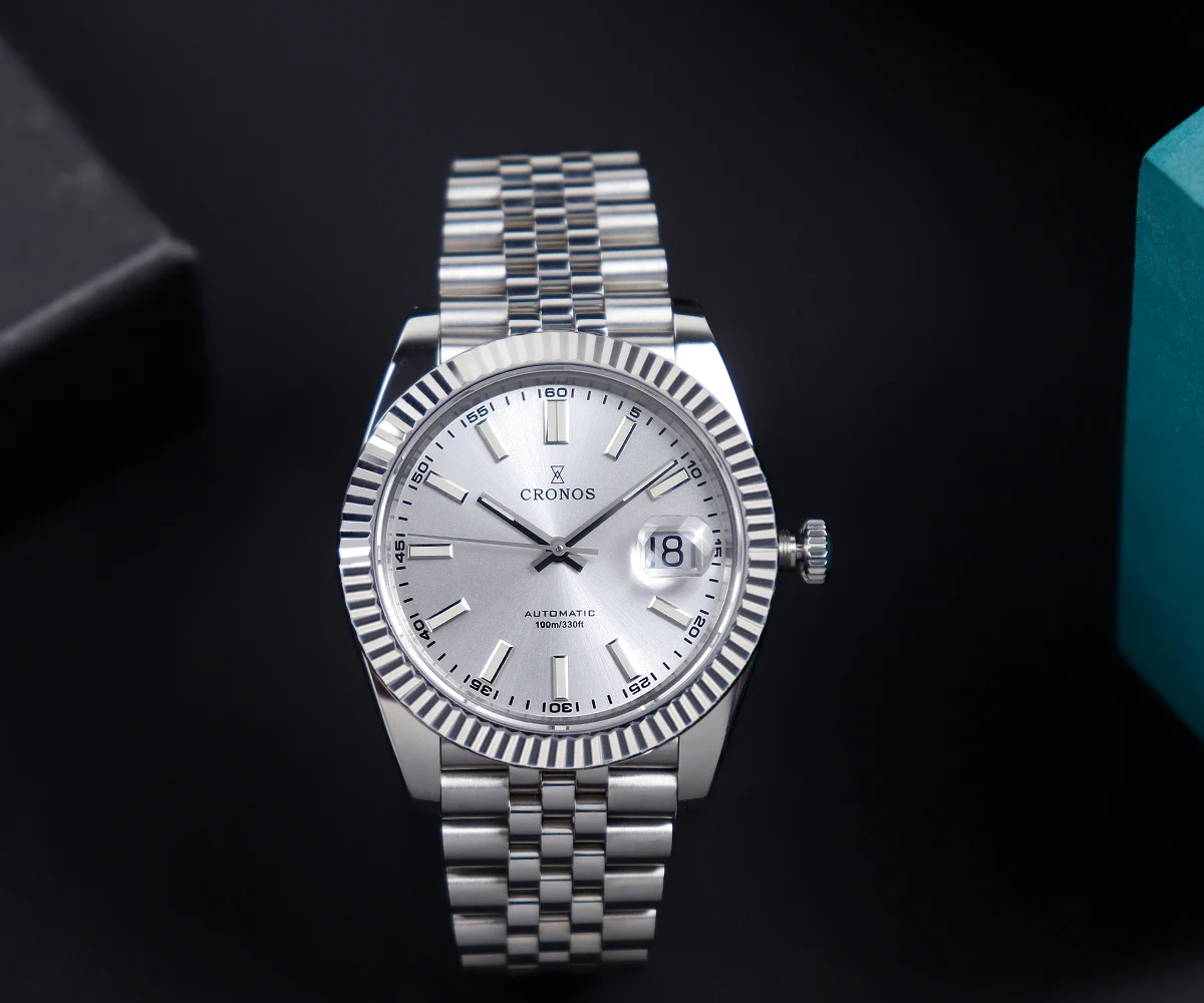 크로노스 데이트J 럭셔리 남성 시계 스테인리스 스틸 5 링크 팔찌 PT5000 미요트 9015 100m 방수 사파이어