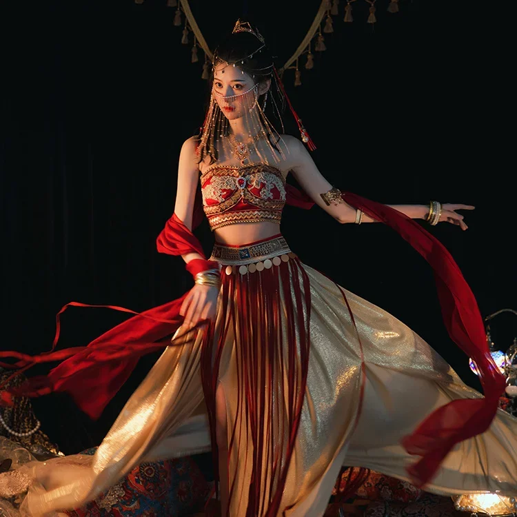 النمط الصيني المرأة Dunhuang Hanfu فستان مجموعة النمط الوطني حمالة صديرية دائرية شرابة اكسسوارات فساتين الحجاب نمط الصحراء