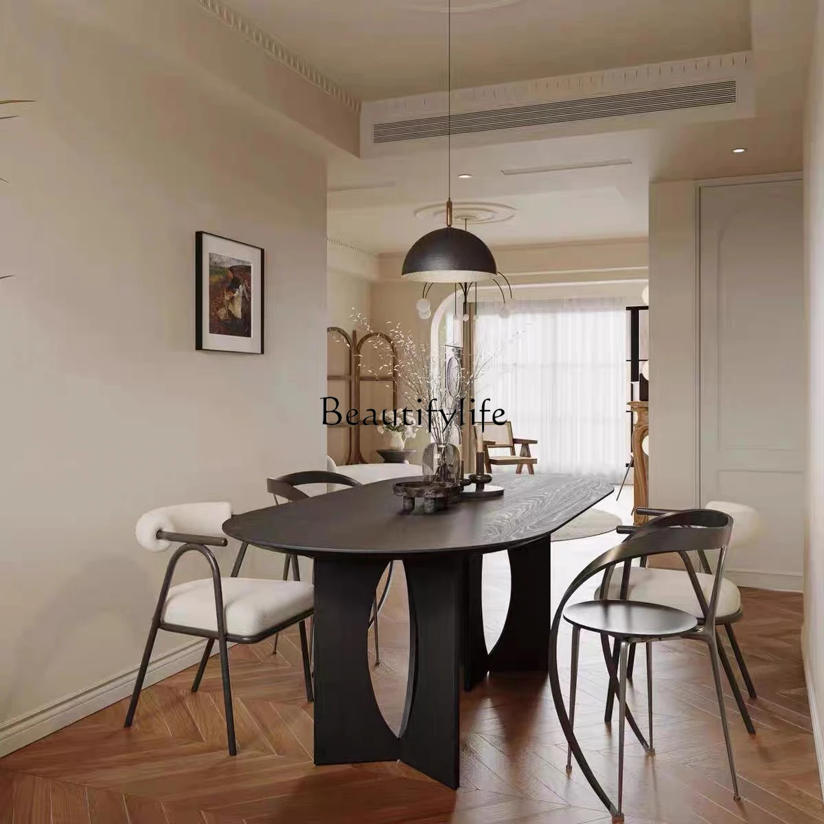 

*Medieval black solid wood dining table French retro oval modern simple New Zealand imported pine negotiation table