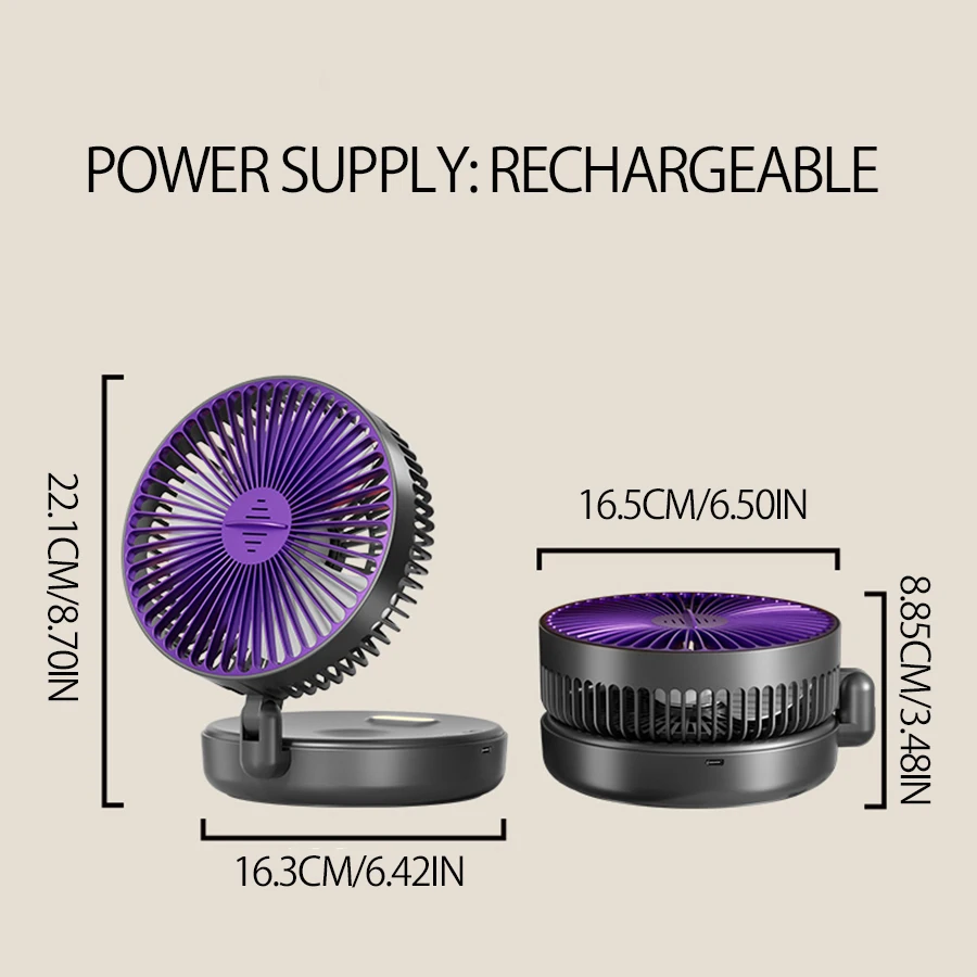 5000mAh wiederaufladbarer kleiner tragbarer Ventilator – 2026 Neues Modell, 90 ° Faltbarer Tisch- und Wandventilator, 4 Geschwindigkeiten mit warmem Nachtlicht – Detail 8