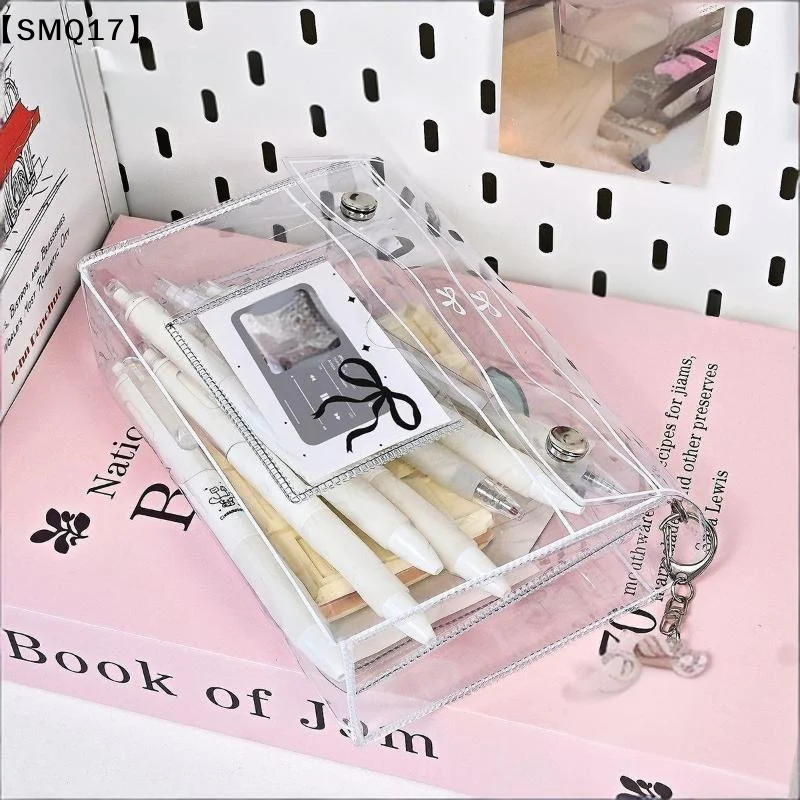 1Pcs PVC Transparent Button Pencil Case Large Capacity Vertical Simple Ins Style Student Desktop Finishing Niche Stationery【SMQ】