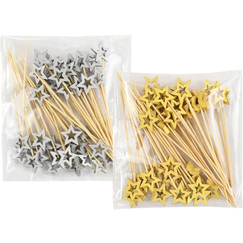 50pcs Gold Silver Hollow Star Disposable Bamboo Skewers Buffet Fruit Food Picks Cocktail Sticks Birthday Wedding Party Decor