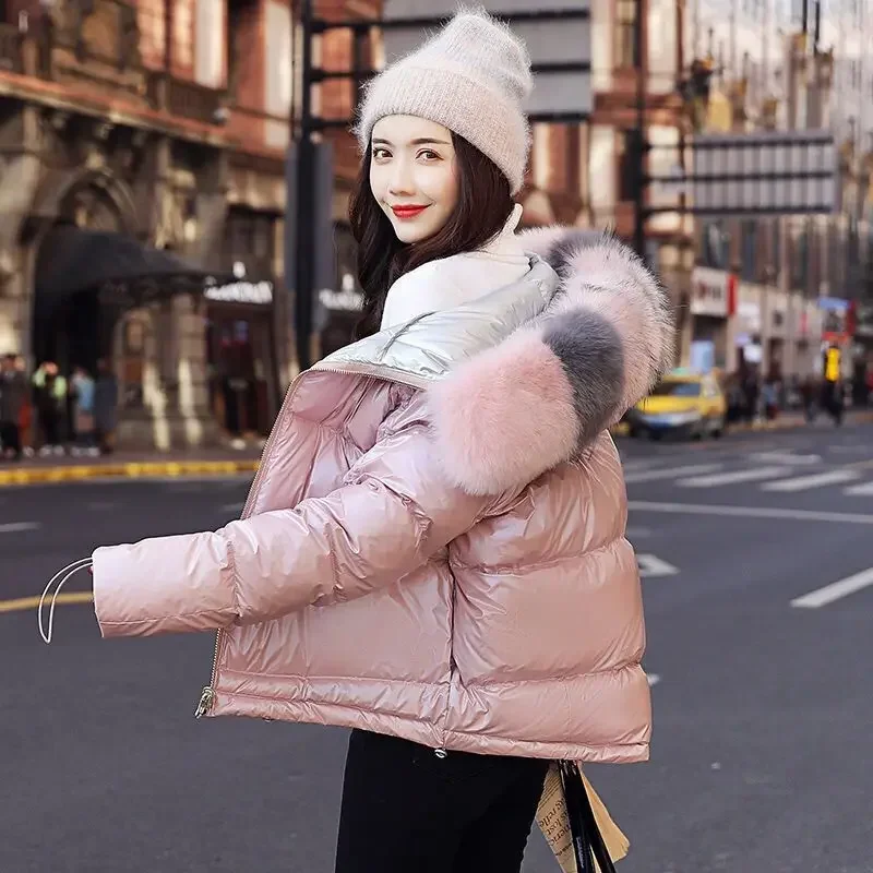 Parkas de piel auténtica para mujer, chaqueta con cuello de piel de zorro Natural, abrigo corto suelto de plumón de pato blanco, abrigo grueso y