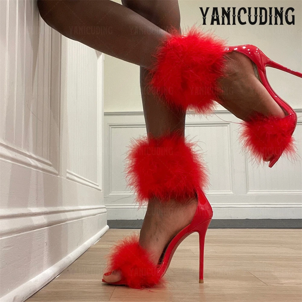 

Fur Sandals Pointed Toe Stiletto Summer Shoes Fashion Style Luxury Stiletto Sandals Sexy Custom Multicolor Sandals for Women New