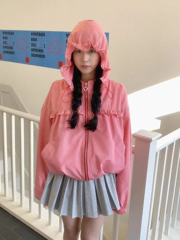 Women Spring New Niche Age Reducing Loose Checkered Top Black Fungus Lace Drawstring Hooded Fashion Sun Protection Jacket