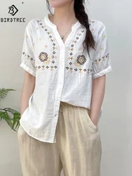 New Spring Cotton Yarn Shirt Women Embroidery Short Sleeve OL Top Girl V Necks Casual Retro Blouses 2024 Summer T44510QM