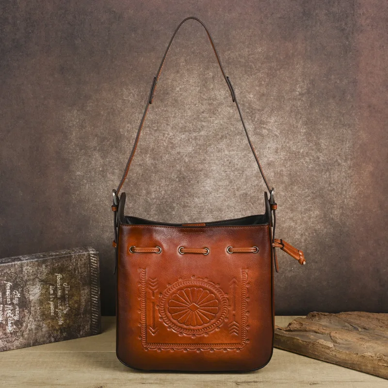 

Vintage Cowide Leather Tote Bags Large Capacity Embossing Shoulder Crossbody Bags For Women Fashion Boho Purse Handbags